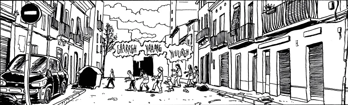 Vinyeta de Cabanyal Z: zombis avançant per un carrer del Cabanyal